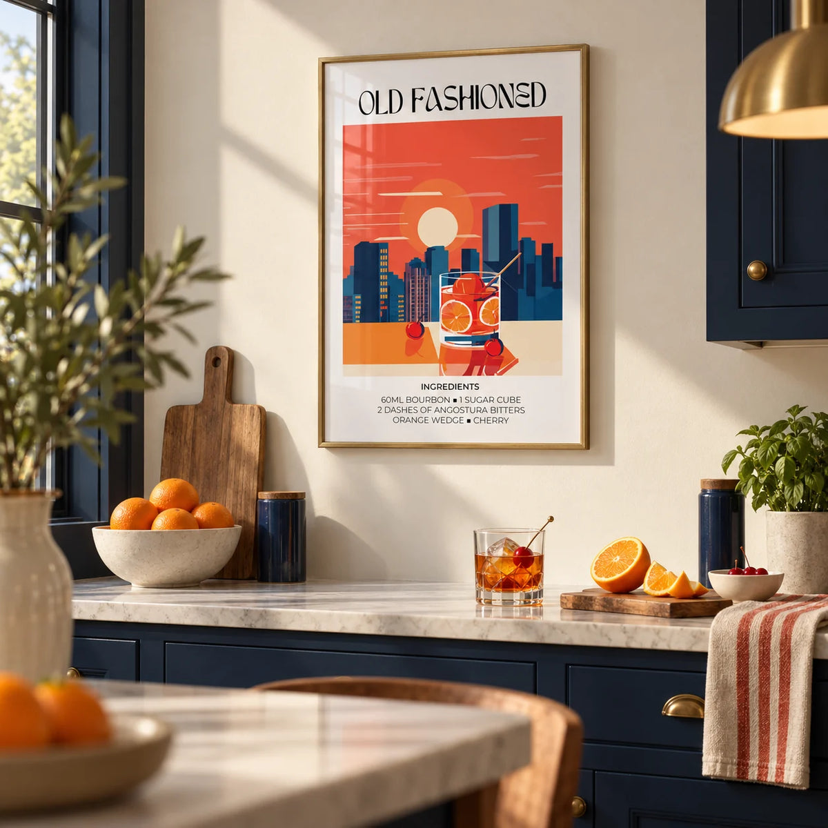 Vintage Bar Wall Art, framed on the wall of a modern kitchen with navy cabinets and a cream wall