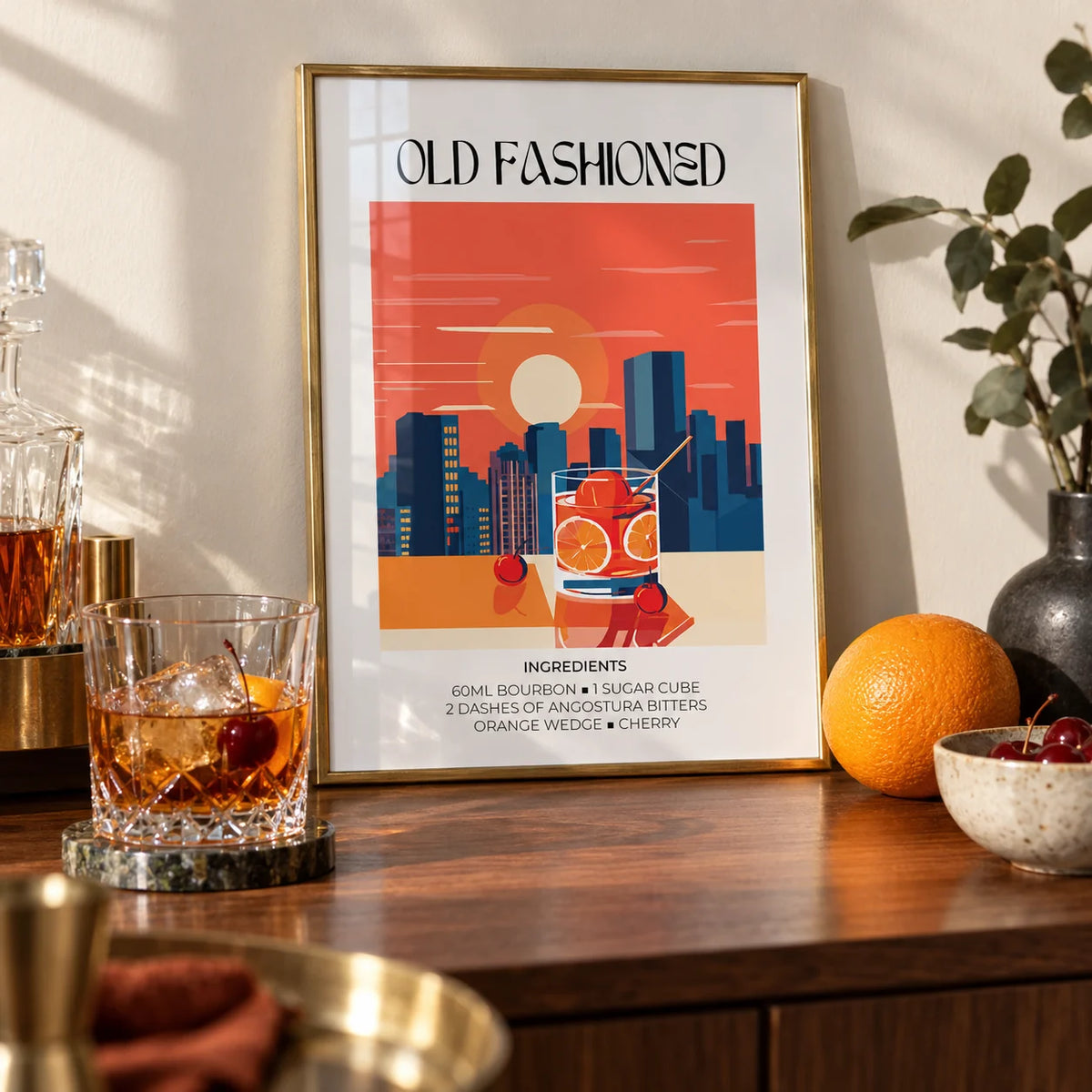 Vintage Bar Wall Art, a small A4 framed print leaning on a shelf in a living room