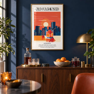 Vintage Bar Wall Art, framed on the wall of a stylish home bar corner with a deep navy painted wall in a living room