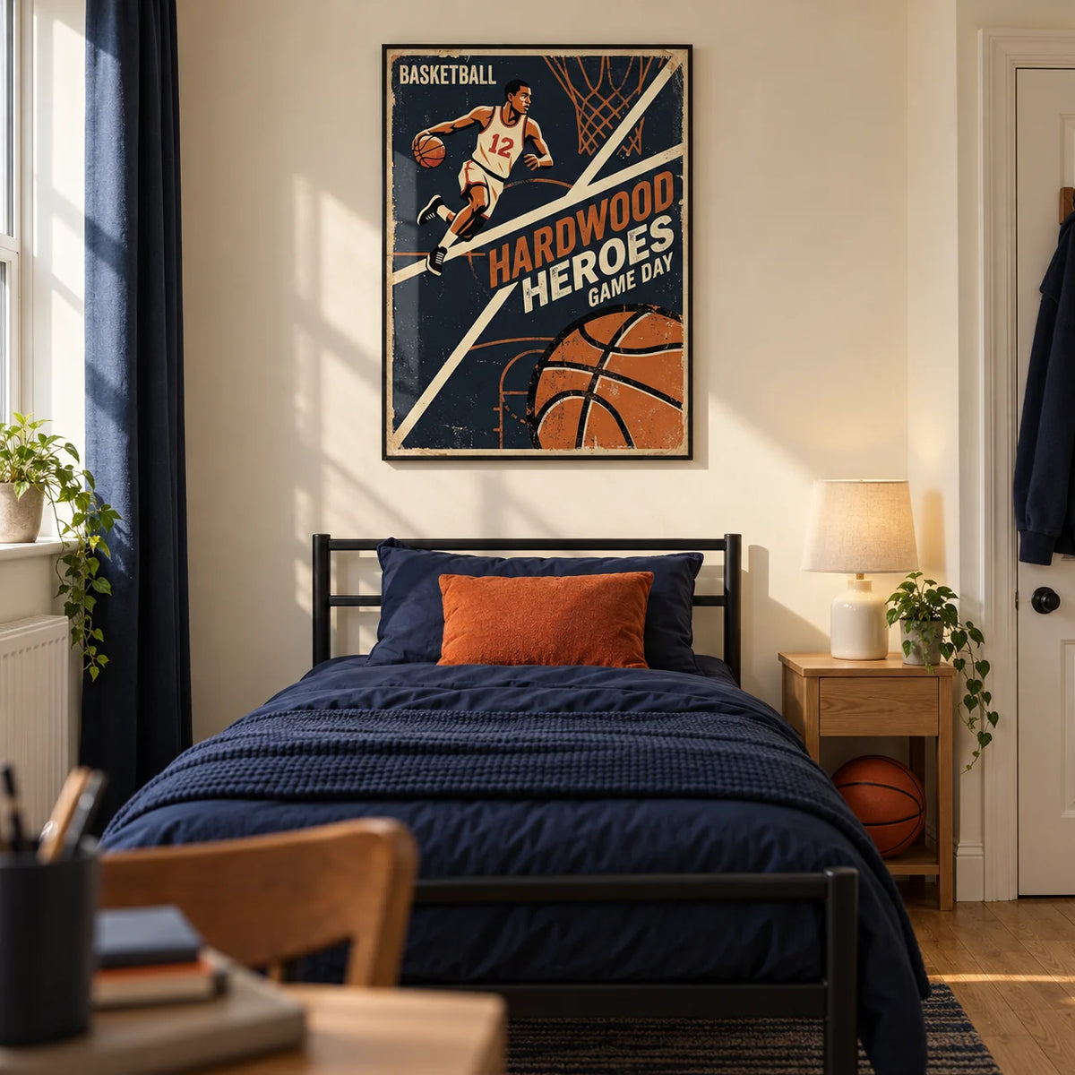 Vintage Basketball Art Print, framed on the wall of a basketball-loving teenager's single bedroom (13-17) in a UK terraced house with warm cream walls and an oak floor