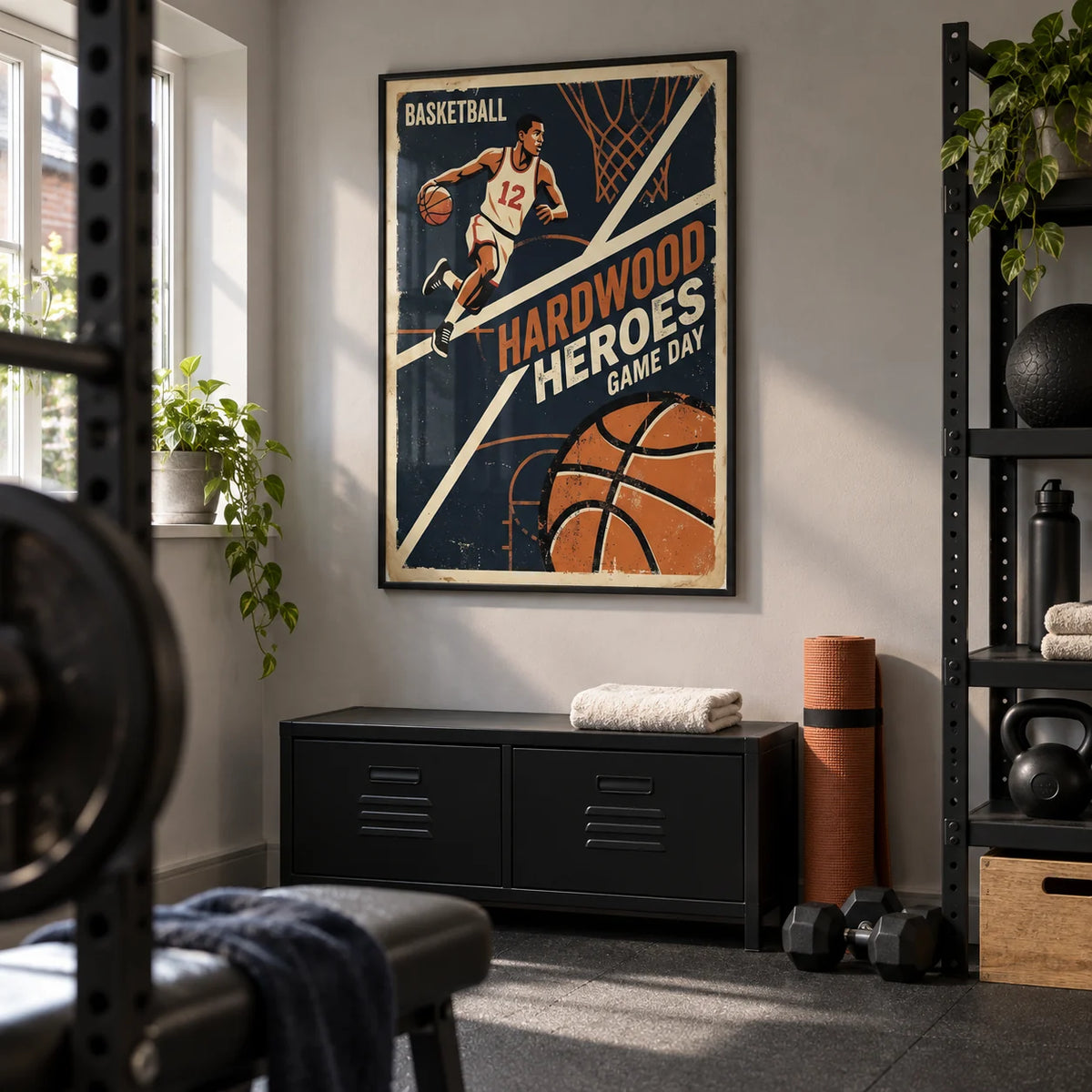 Vintage Basketball Art Print, framed on the wall of a compact home gym in a converted UK garage with pale grey walls and a plain rubber floor