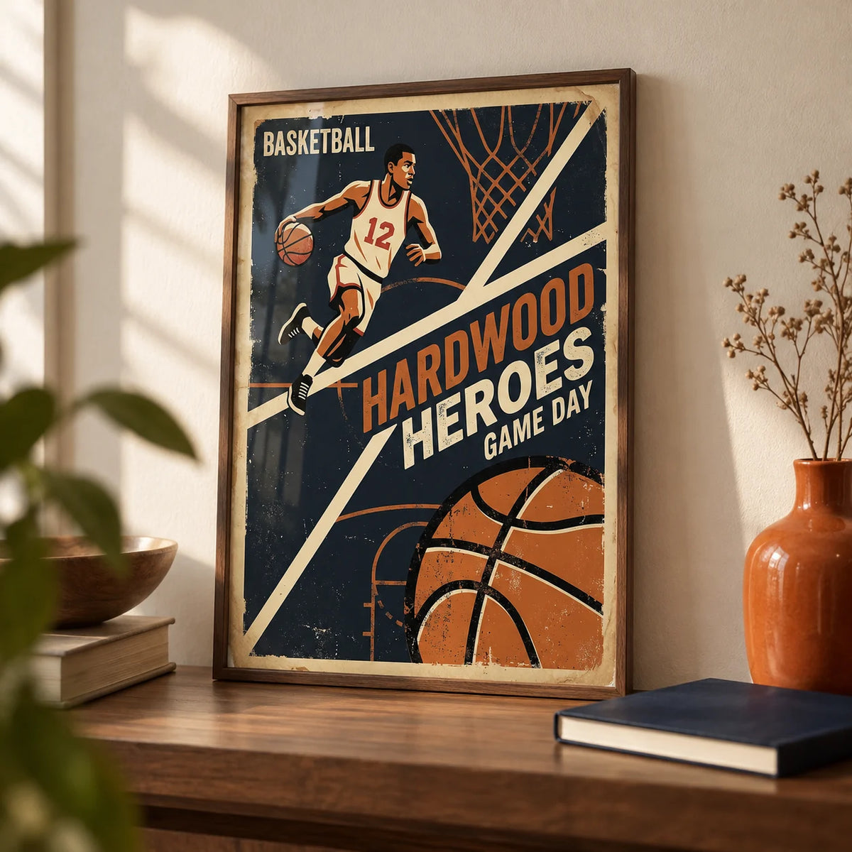 Vintage Basketball Art Print, a small A4 framed print leaning on a walnut shelf in a living room