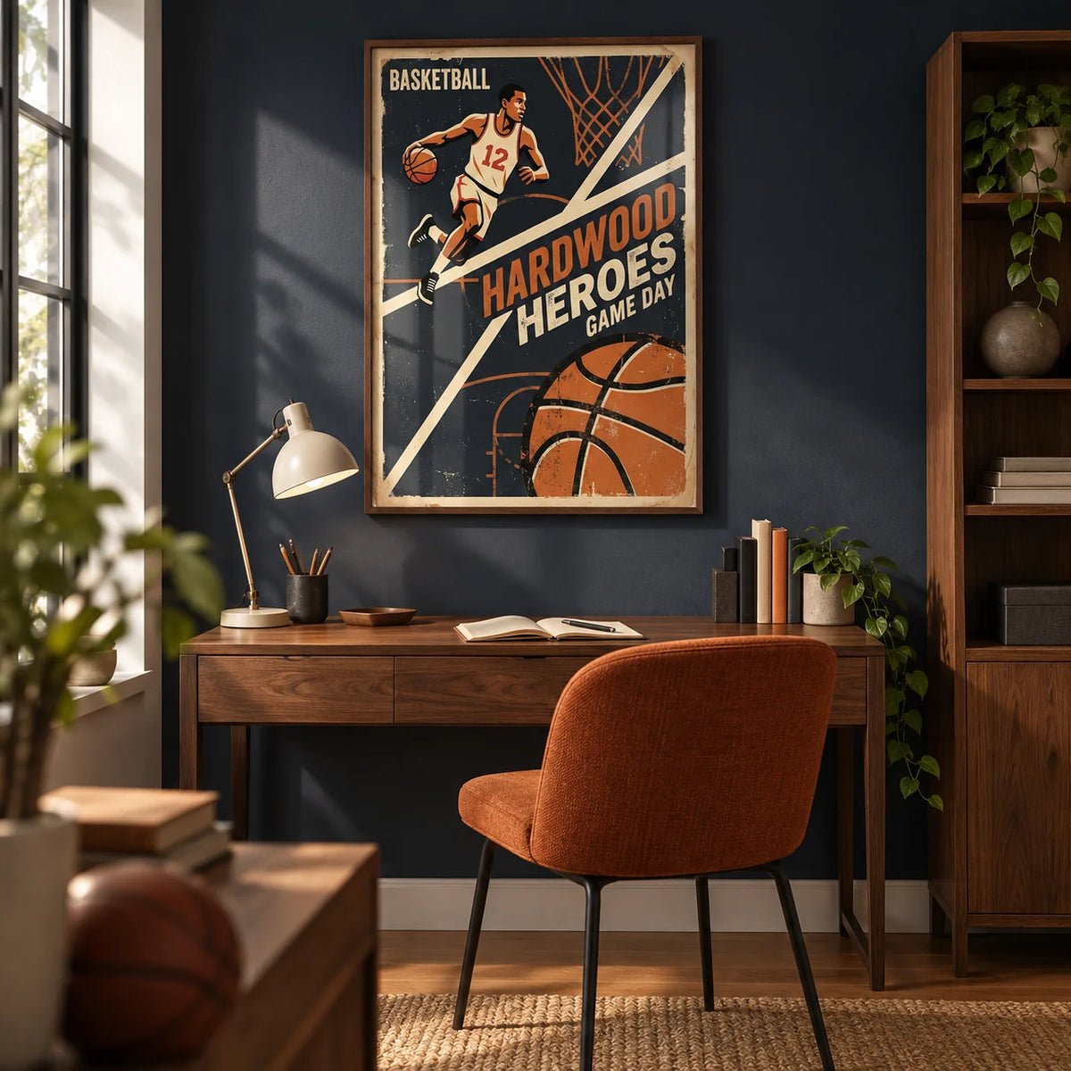 Vintage Basketball Art Print, framed on the wall of a small home study for a basketball fan with a muted navy wall and warm oak floor