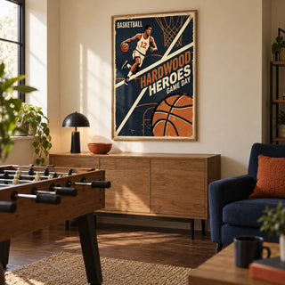 Vintage Basketball Art Print, framed on the wall of a spare-room games den in a UK home with warm cream walls and a dark oak floor in a living room