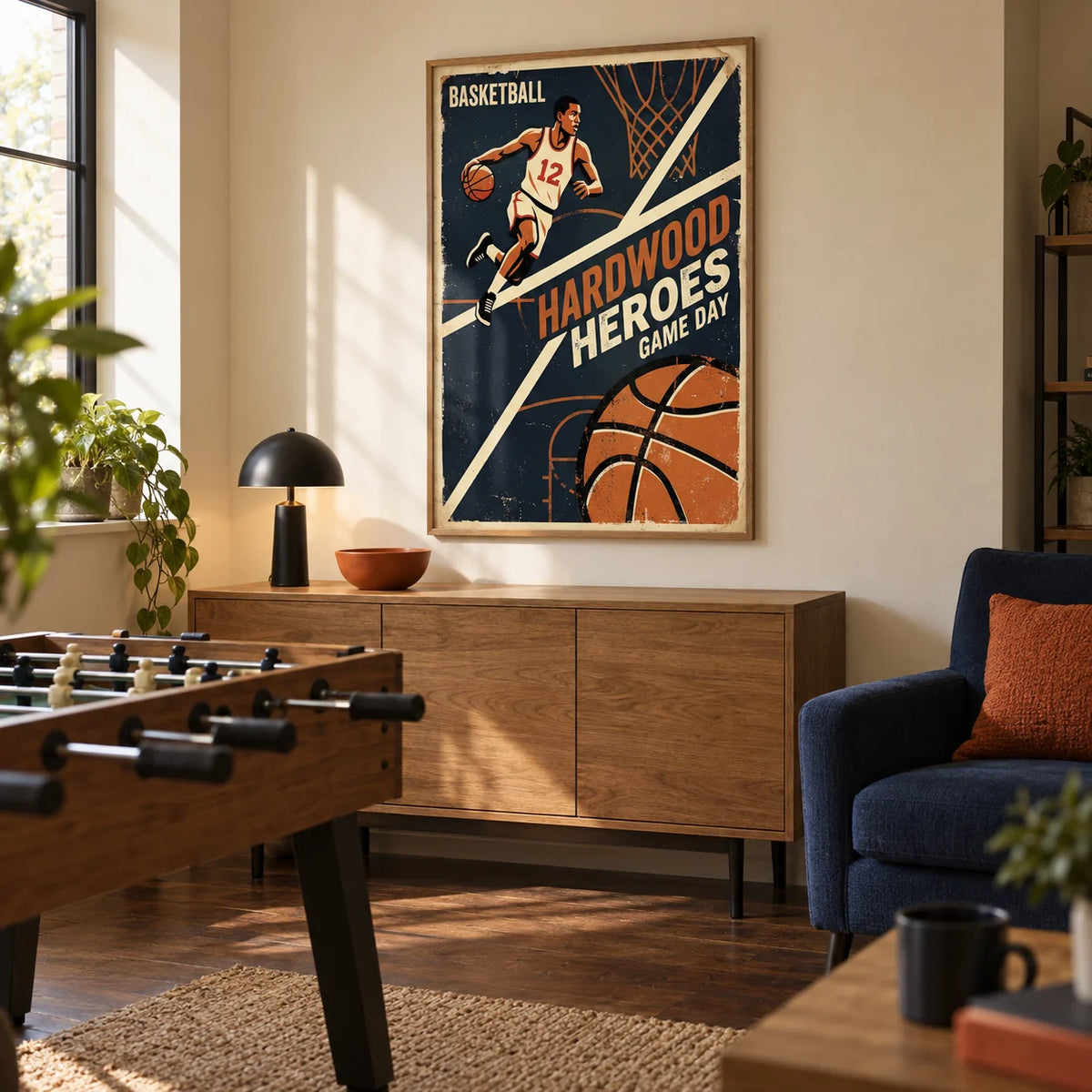 Vintage Basketball Art Print, framed on the wall of a spare-room games den in a UK home with warm cream walls and a dark oak floor in a living room