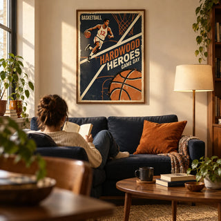 Vintage Basketball Art Print, framed on the wall of a warm retro living room in a young adult's first flat (22-28)