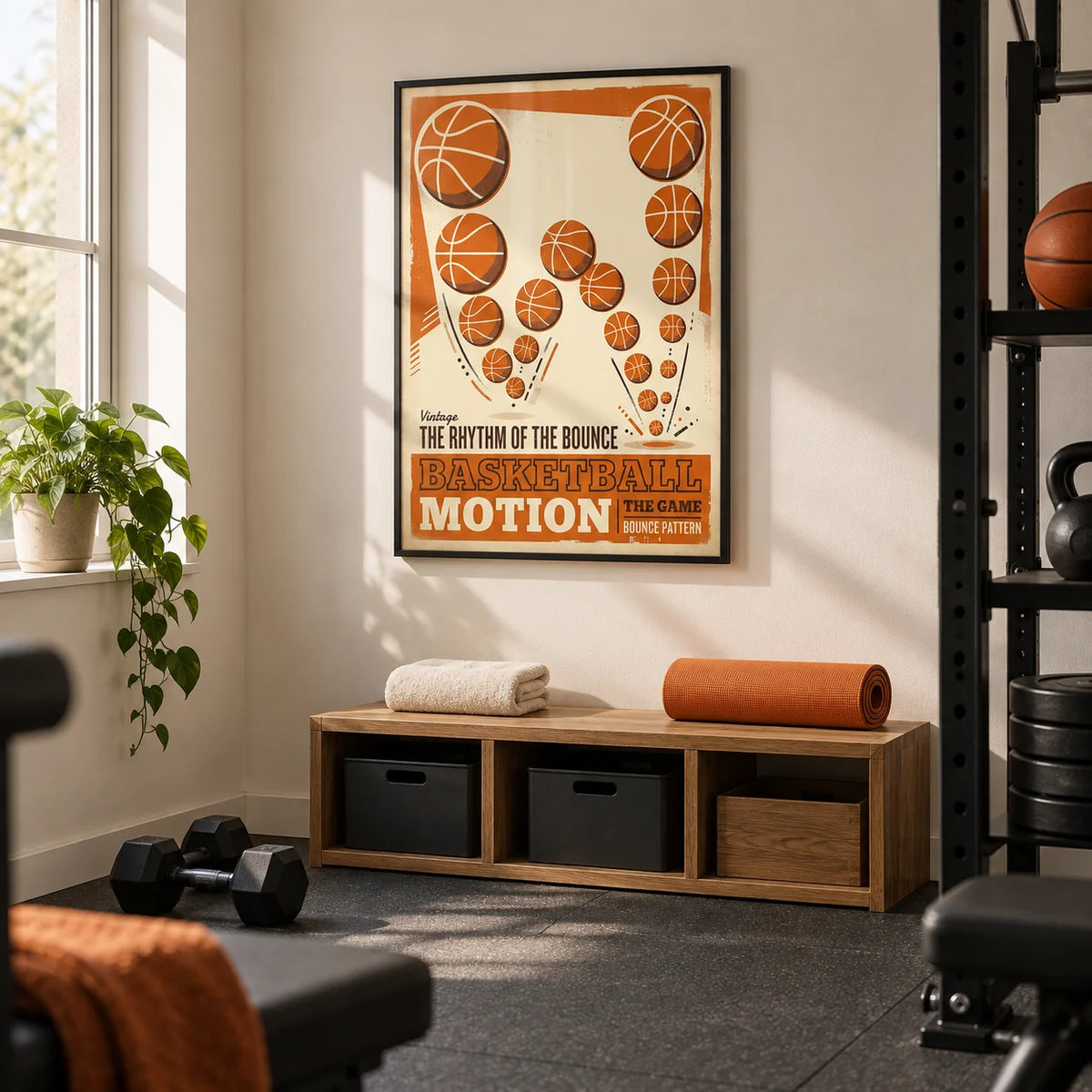 Vintage Basketball Motion Art, framed on the wall of a compact home gym in a converted UK spare room with warm white walls and plain charcoal rubber flooring
