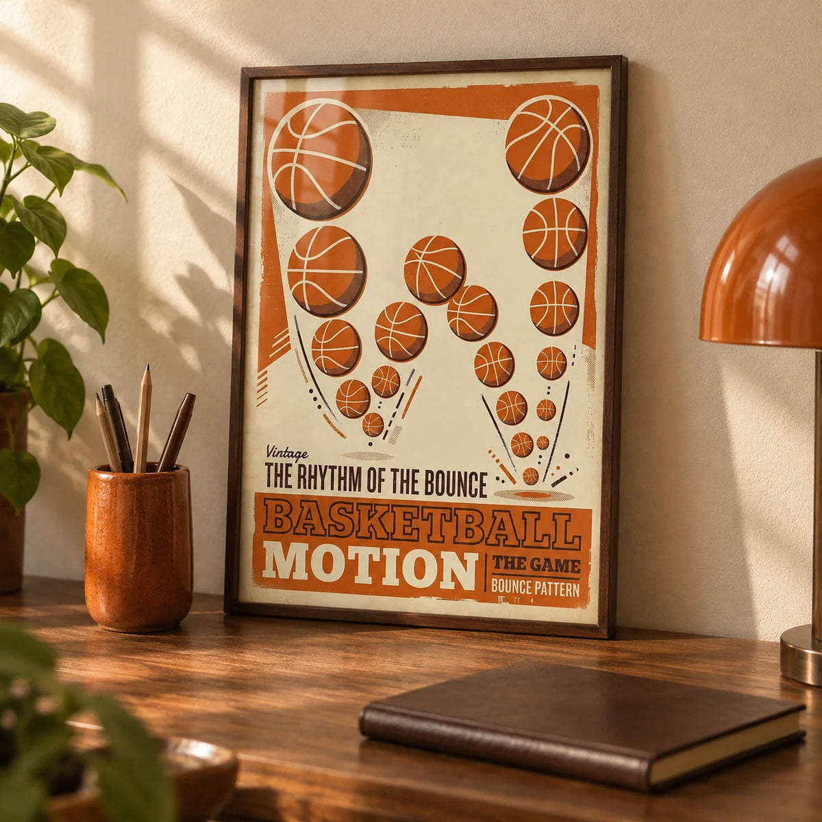 Vintage Basketball Motion Art, a small A4 framed print leaning on a walnut desk