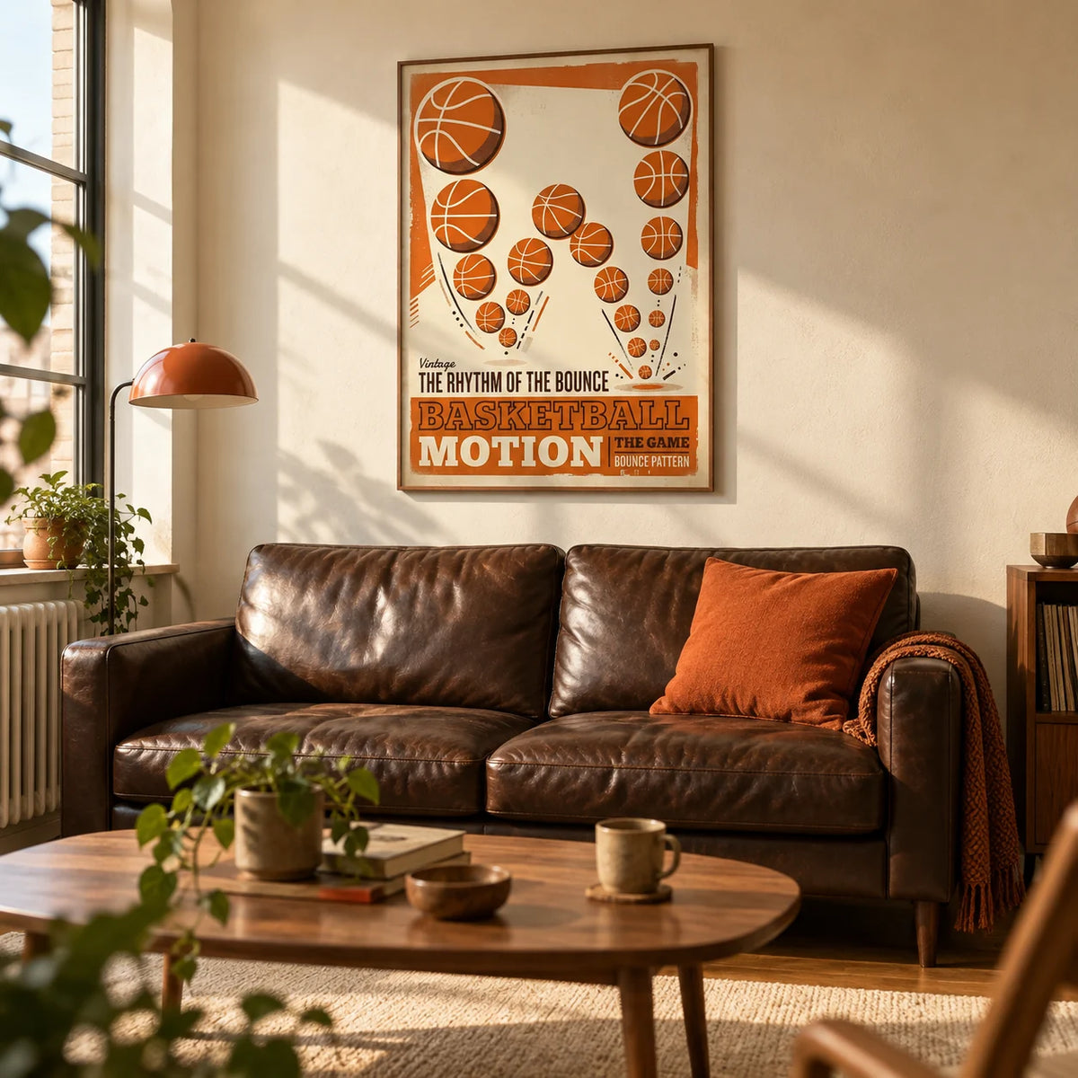 Vintage Basketball Motion Art, framed on the wall of a warm modern living room in a first flat (22-28) with a cream plaster wall and mid-tone wood flooring