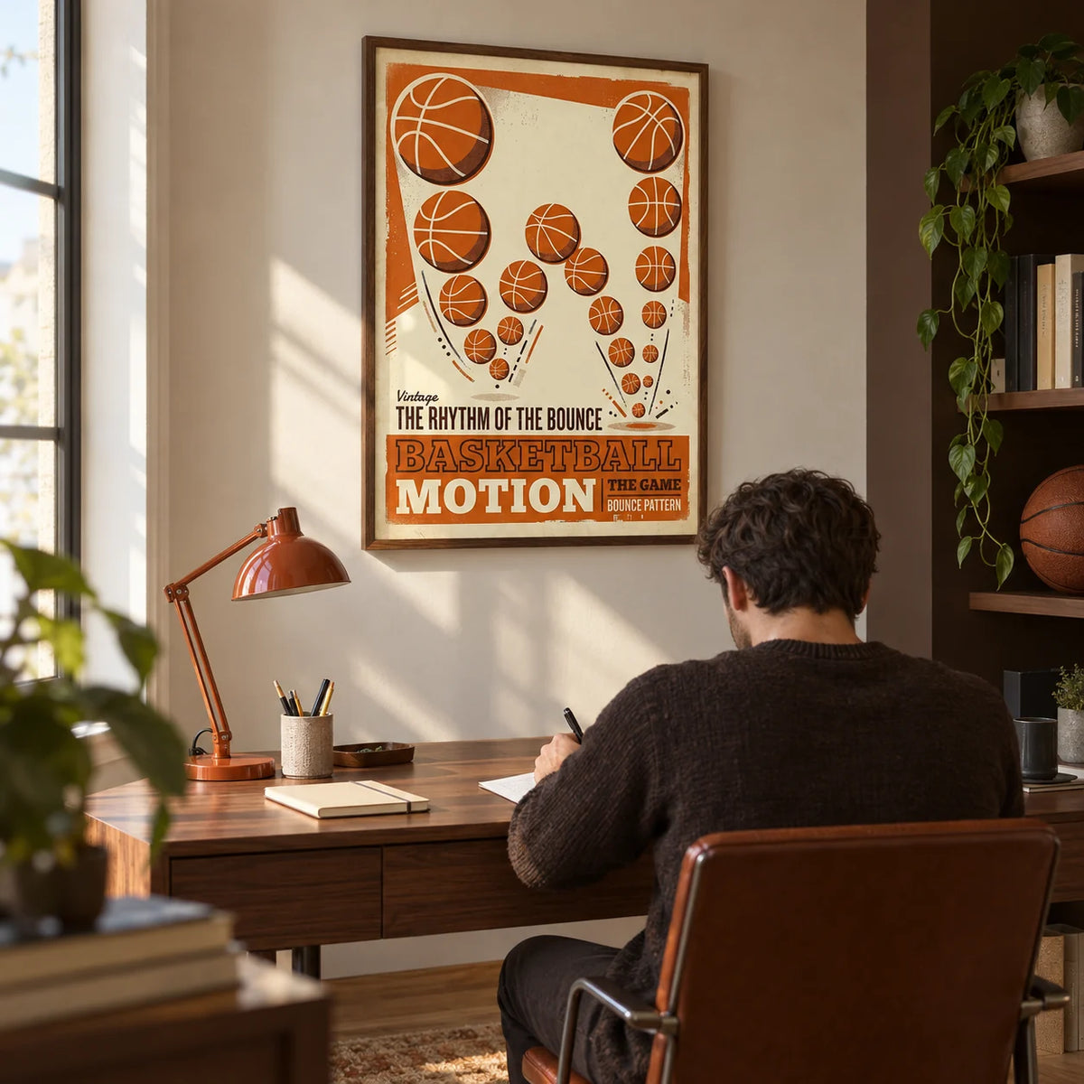 Vintage Basketball Motion Art, framed on the wall of a young adult basketball fan's home study (25-35) with a cream wall and a dark brown painted alcove