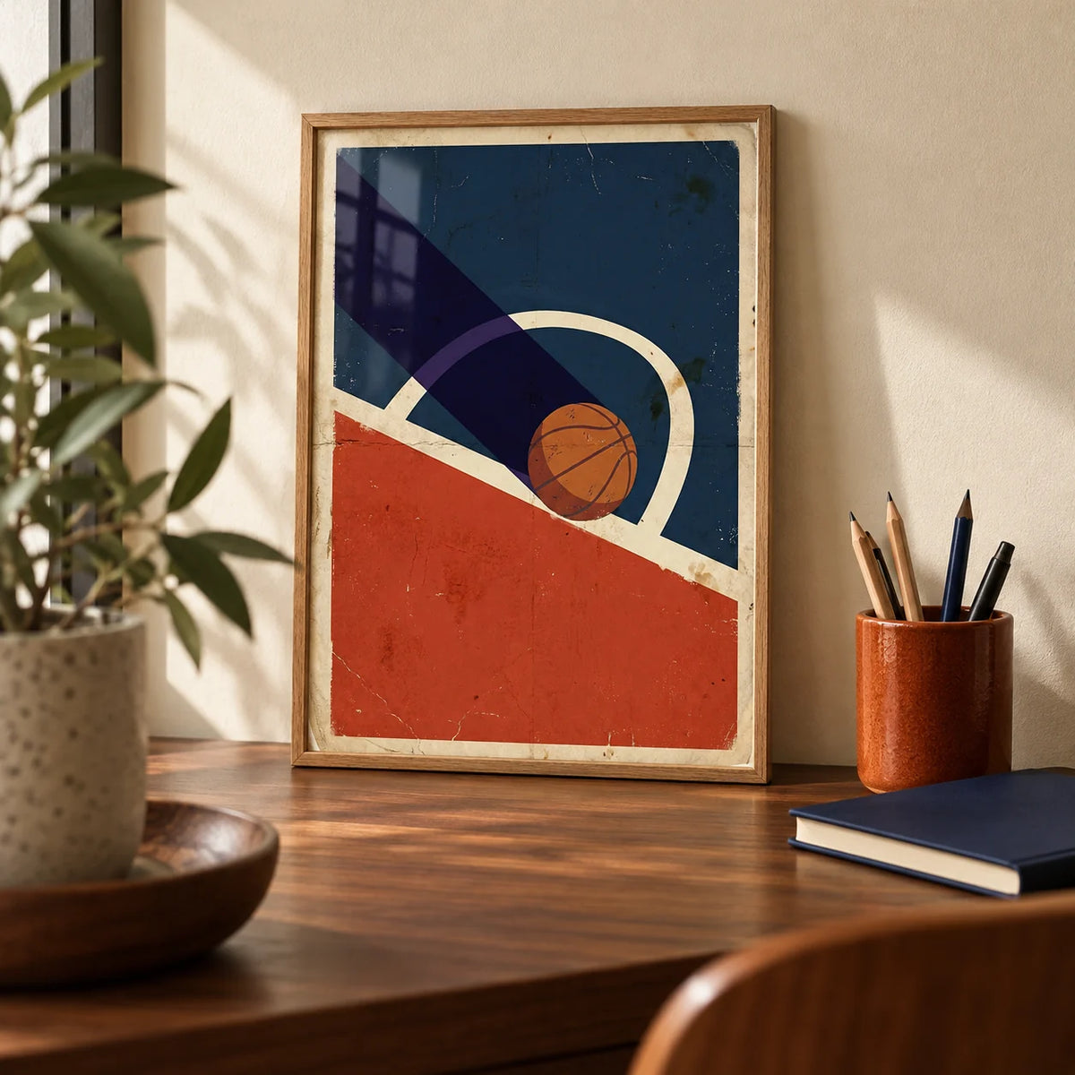Vintage Basketball Poster, a small A4 framed print leaning on a walnut desk