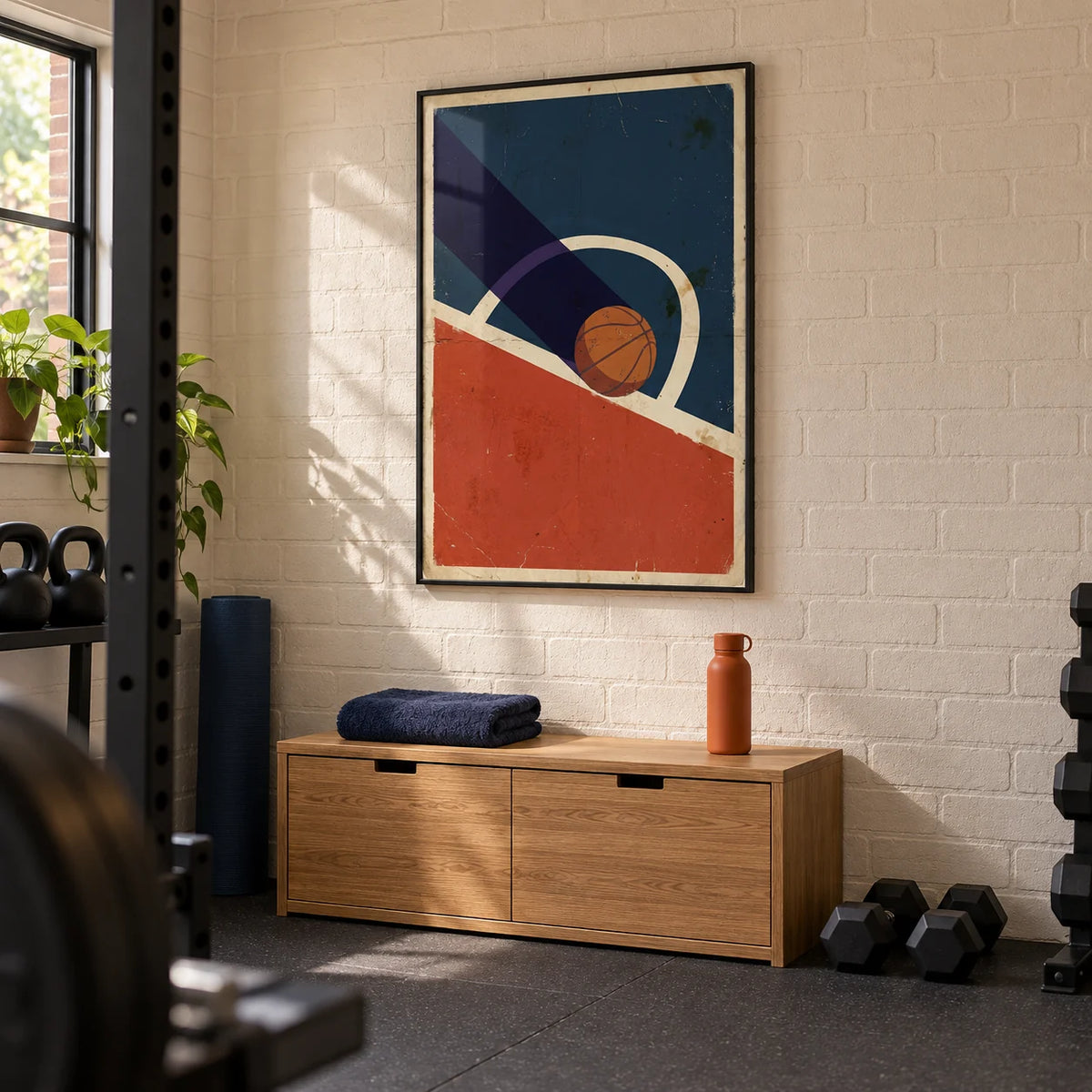 Vintage Basketball Poster, framed on the wall of a tidy converted garage home gym in a UK house