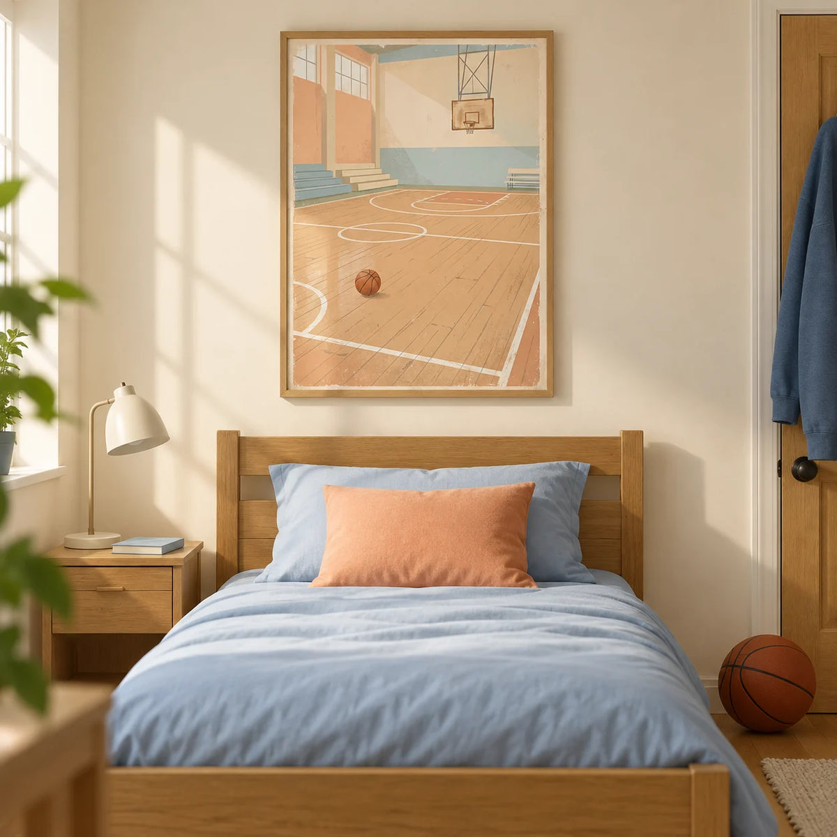 Vintage Basketball Wall Art, framed on the wall of a basketball-loving teenager's bedroom (13-17) in a UK family home with warm cream walls and a wooden floor