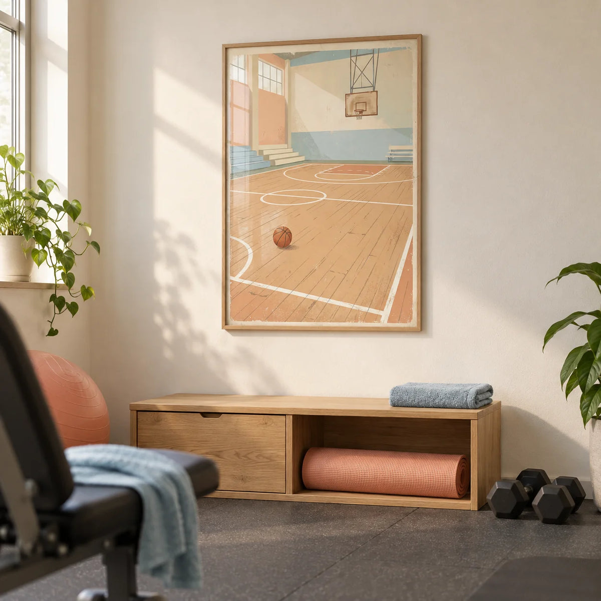 Vintage Basketball Wall Art, framed on the wall of a modest spare-room home gym in a UK terrace with a cream wall and plain grey rubber flooring