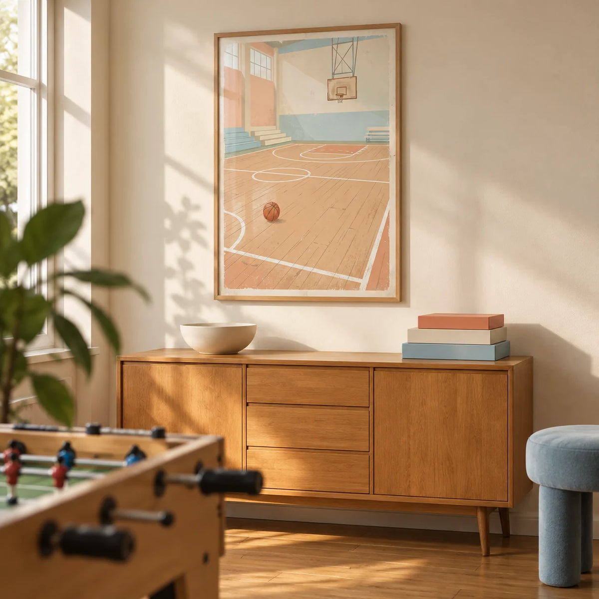 Vintage Basketball Wall Art, framed on the wall of a relaxed basketball fan's games room in a UK family home with warm cream walls in a living room
