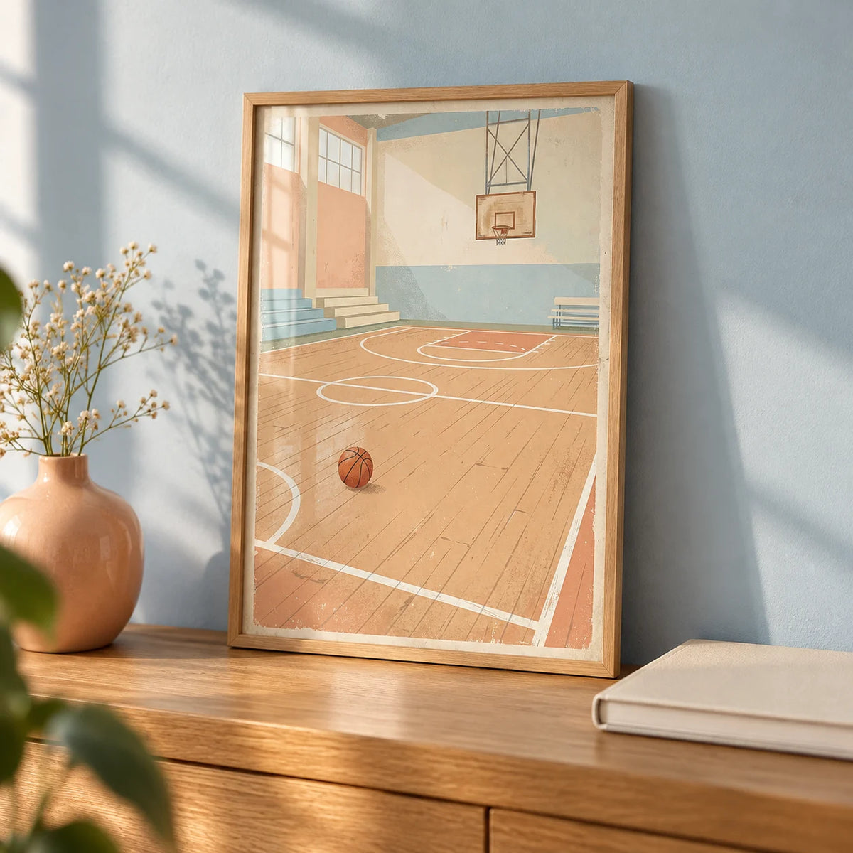 Vintage Basketball Wall Art, a small A4 framed print leaning on a honey-coloured oak shelf in a living room