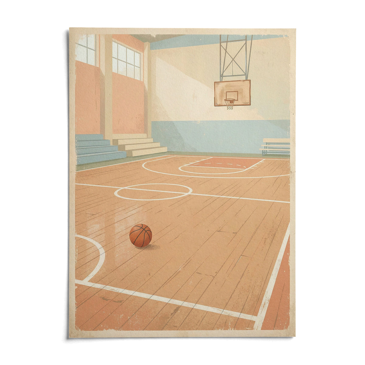 Vintage Basketball Wall Art, shown as an unframed paper print on a plain white background