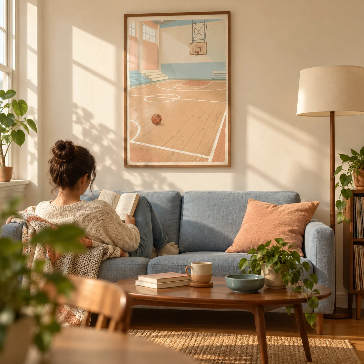 Vintage Basketball Wall Art, framed on the wall of a warm retro living room in a young adult's first flat (22-28) with cream walls and honey-coloured floorboards