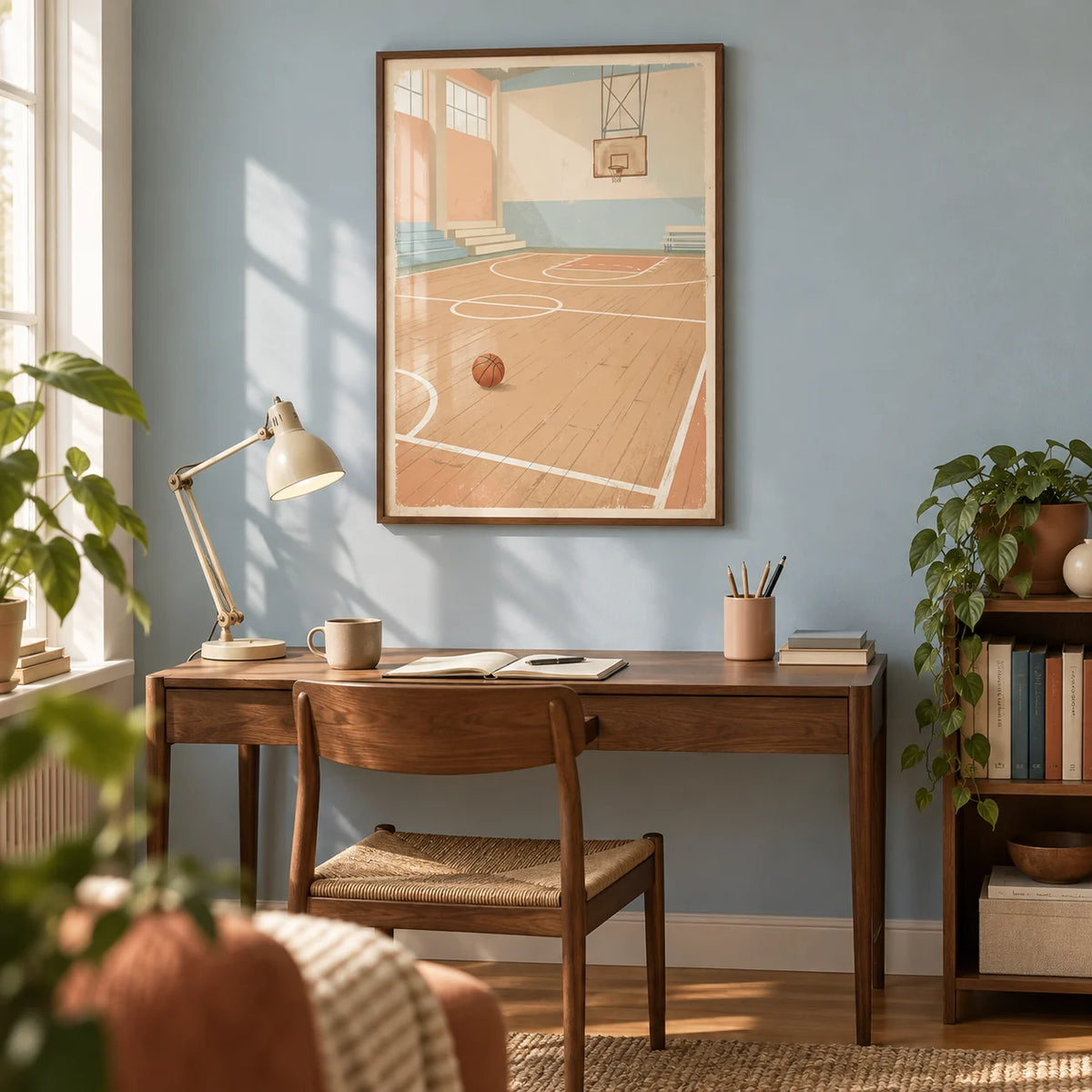 Vintage Basketball Wall Art, framed on the wall of a young basketball fan's home study (25-35) with a pale blue wall and warm wooden floor