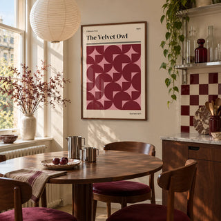 Vintage Bath Poster, framed on the wall of a kitchen dining corner by a tall window in soft daylight
