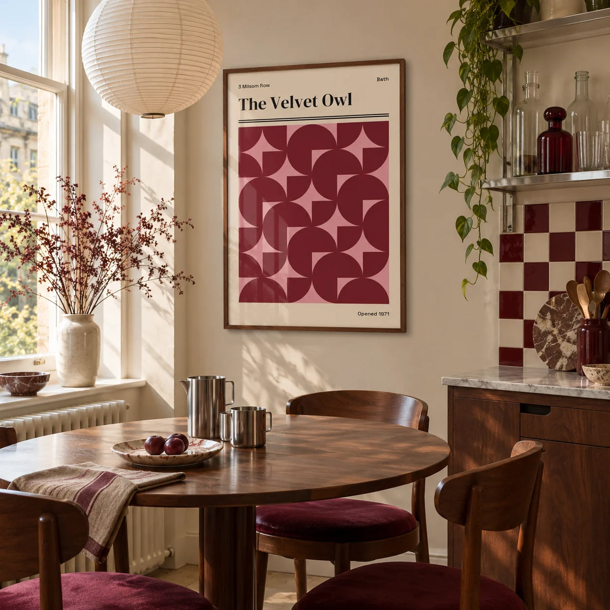 Vintage Bath Poster, framed on the wall of a kitchen dining corner by a tall window in soft daylight