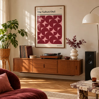 Vintage Bath Poster, framed on the wall of a living room with herringbone parquet