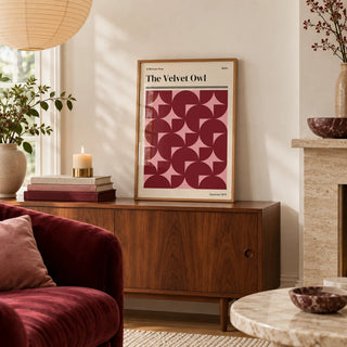 Vintage Bath Poster, a small A4 framed print leaning on a walnut side table
