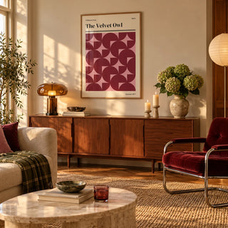 Vintage Bath Poster, framed on the wall of a warm mid-century living room in late afternoon light