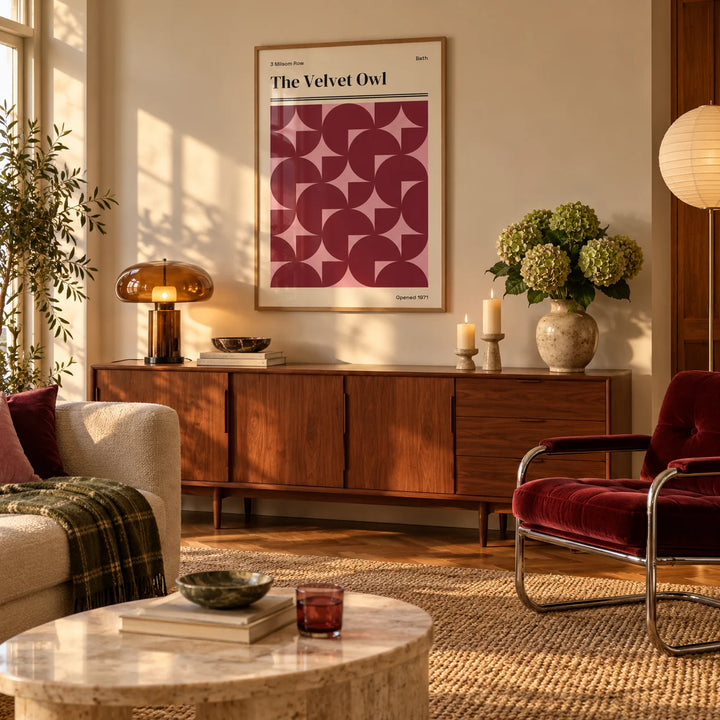 Vintage Bath Poster, framed on the wall of a warm mid-century living room in late afternoon light