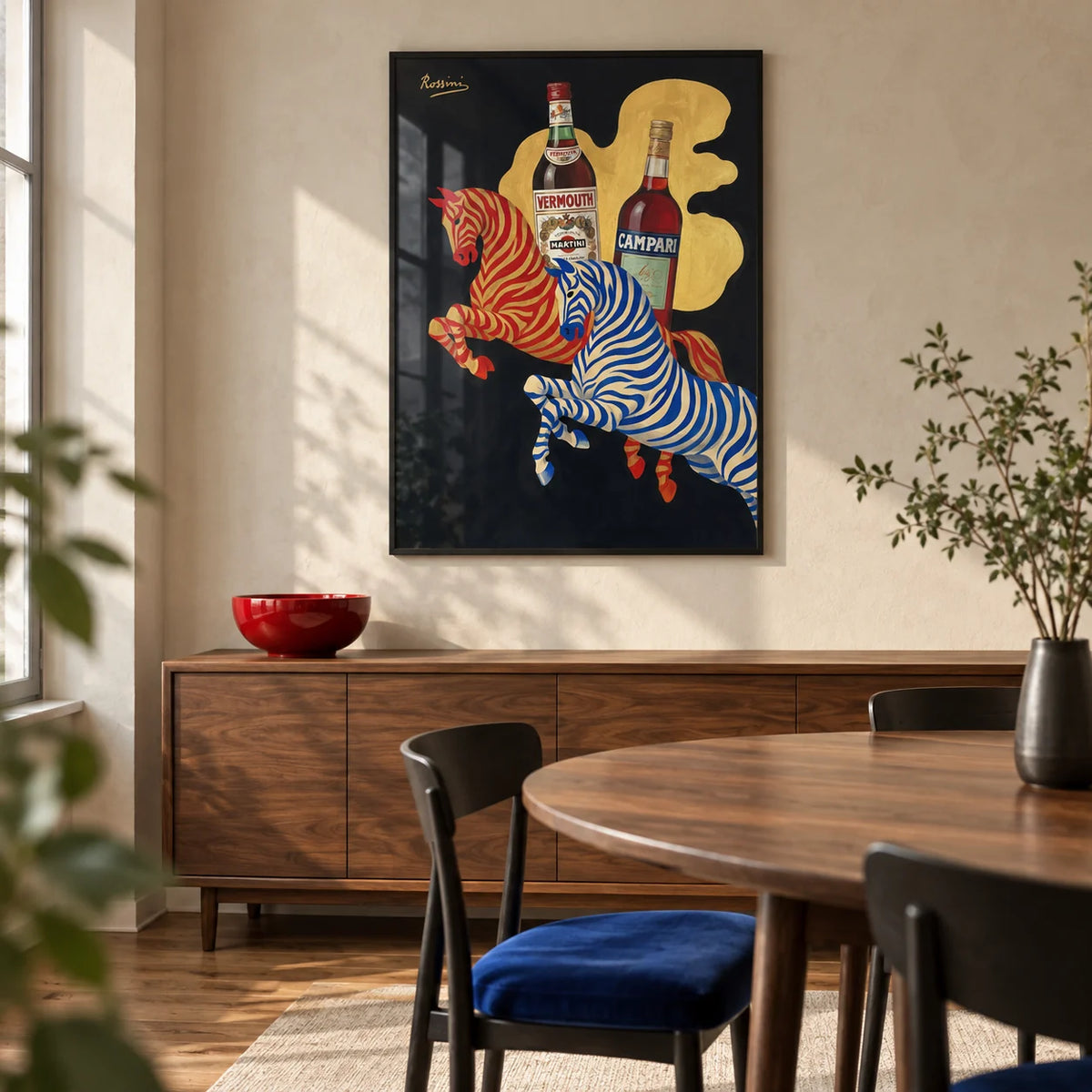 Vintage Beverage Art, framed on the wall of a modern dining room in a design-led UK flat with a pale plaster wall and walnut floor