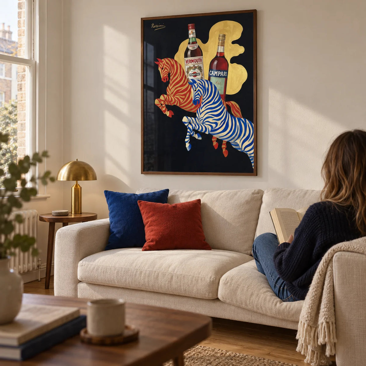 Vintage Beverage Art, framed on the wall of a warm modern living room in a UK terraced home with a soft off-white wall and plain oak floor