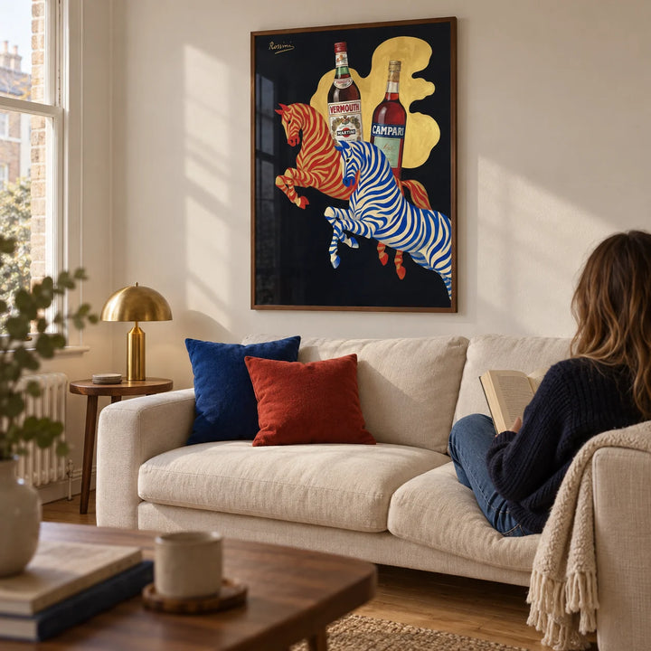 Vintage Beverage Art, framed on the wall of a warm modern living room in a UK terraced home with a soft off-white wall and plain oak floor
