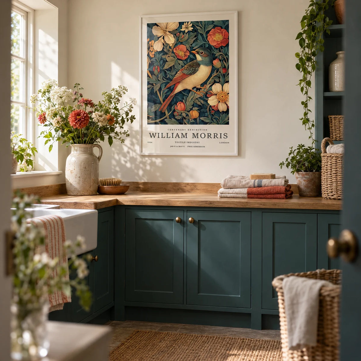 Vintage Bird Prints, framed on the wall of a calm cottage utility room with a cream wall and teal painted cabinets in a laundry room