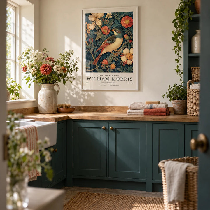 Vintage Bird Prints, framed on the wall of a calm cottage utility room with a cream wall and teal painted cabinets in a laundry room