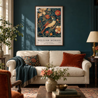 Vintage Bird Prints, framed on the wall of a characterful Victorian living room with a deep teal painted wall and a dark wood floor
