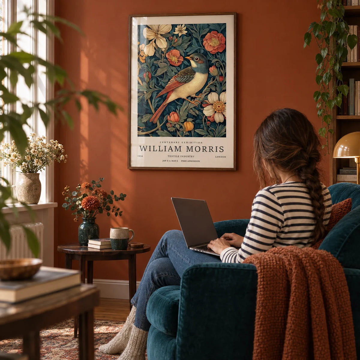 Vintage Bird Prints, framed on the wall of a cosy reading corner with a rust orange wall in a living room