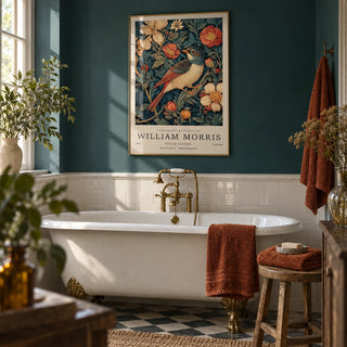 Vintage Bird Prints, framed on the wall of a period bathroom with a dark teal painted wall and plain white tiles