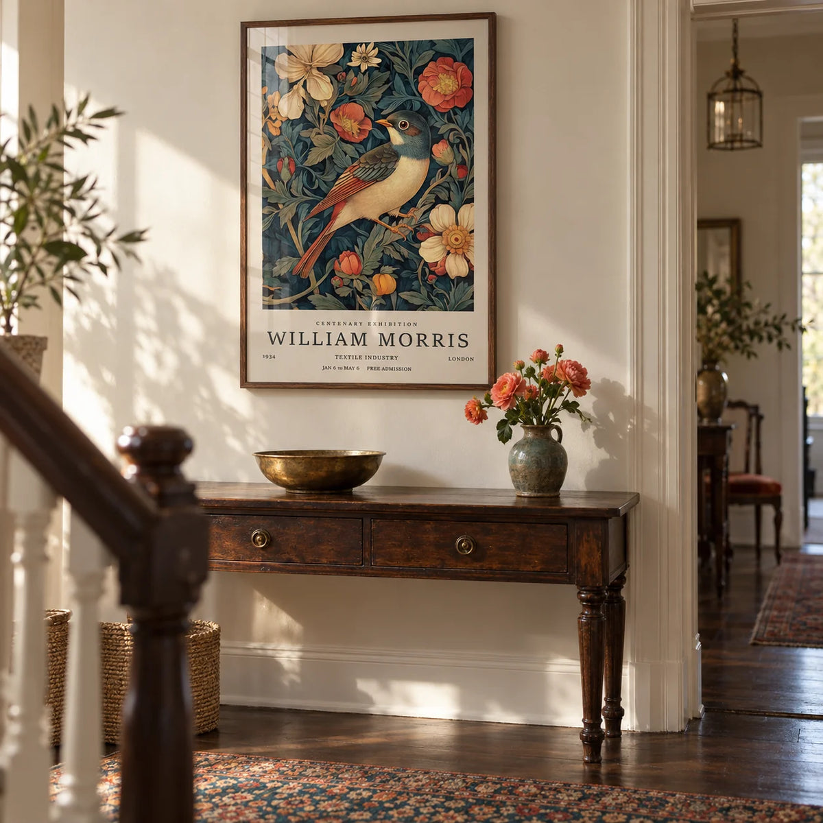 Vintage Bird Prints, framed on the wall of a period hallway with a soft cream wall and a dark wood floor