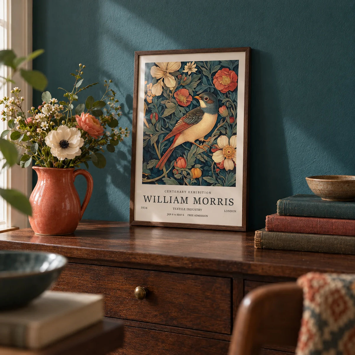 Vintage Bird Prints, a small A4 framed print leaning on a dark wood dresser shelf in a living room