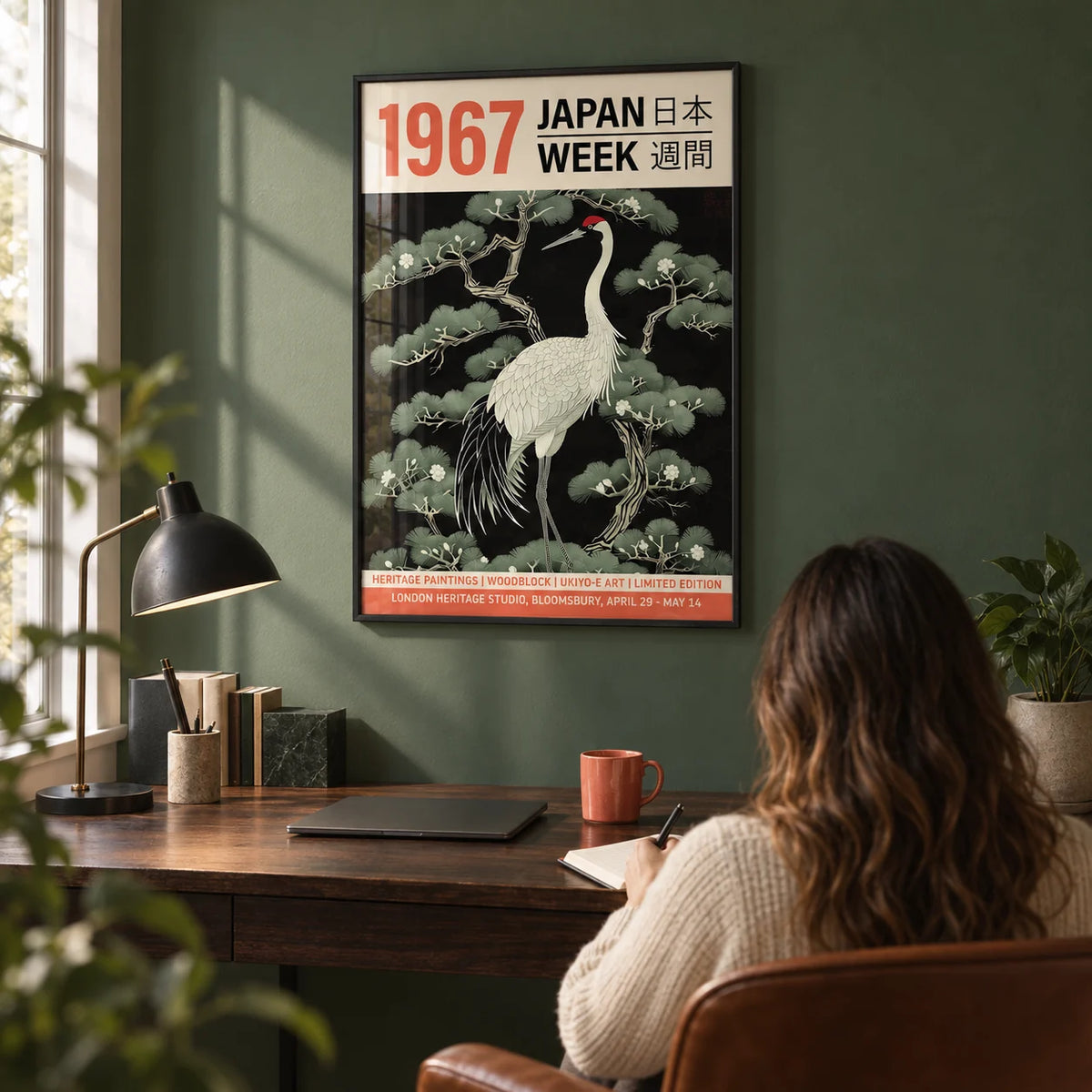 Vintage Bird Wall Art, framed on the wall of a calm home office with a deep sage green wall