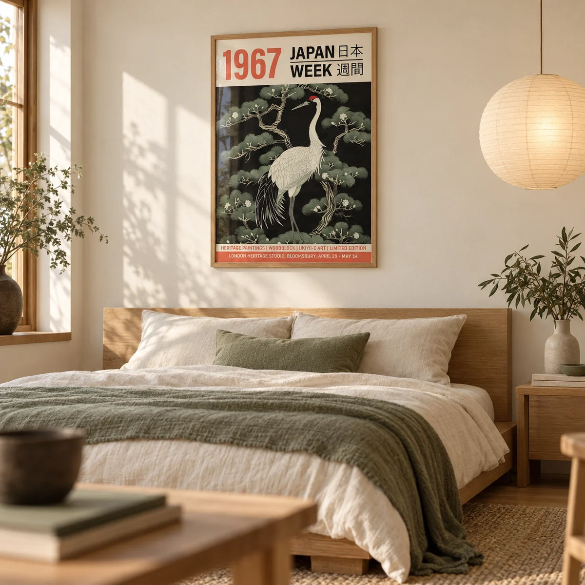 Vintage Bird Wall Art, framed on the wall of a Japandi bedroom with a cream wall