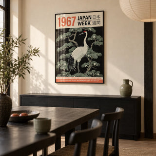 Vintage Bird Wall Art, framed on the wall of a Japanese-modern dining room with a warm cream plaster wall and black-stained timber