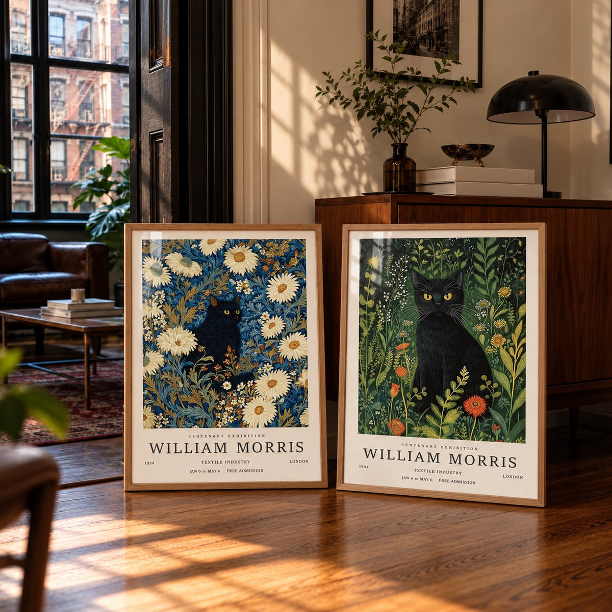 Vintage Black Cat Prints Set of 2 styled leaning in front of a walnut sideboard in a classic apartment: Night Garden and Garden Watch shown framed side by side (frames not included)