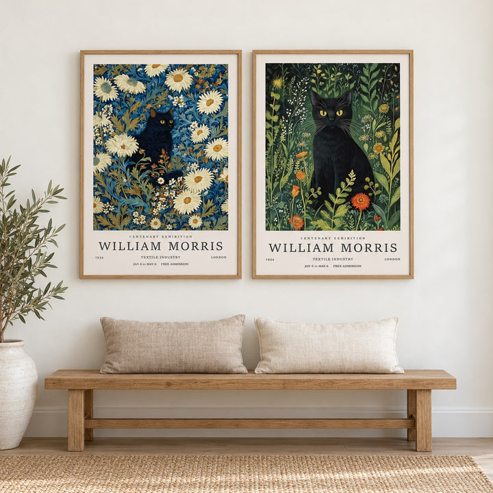 Vintage Black Cat Prints Set of 2 hung at eye level above an oak bench in a hallway: Night Garden and Garden Watch shown framed side by side (frames not included)