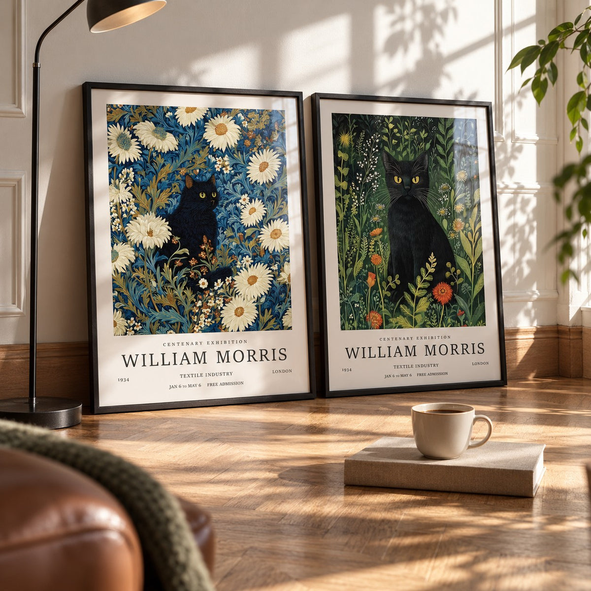 Vintage Black Cat Prints Set of 2 styled leaning on herringbone parquet beside a black arc floor lamp: Night Garden and Garden Watch shown framed side by side (frames not included)