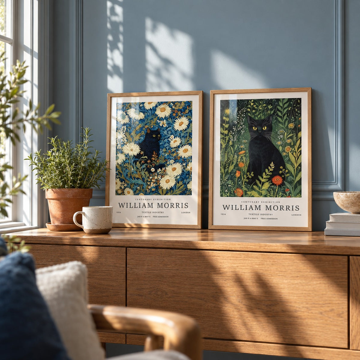 Vintage Black Cat Prints Set of 2 styled as small A4 prints on a shelf, to show the gift size: Night Garden and Garden Watch shown framed side by side (frames not included)