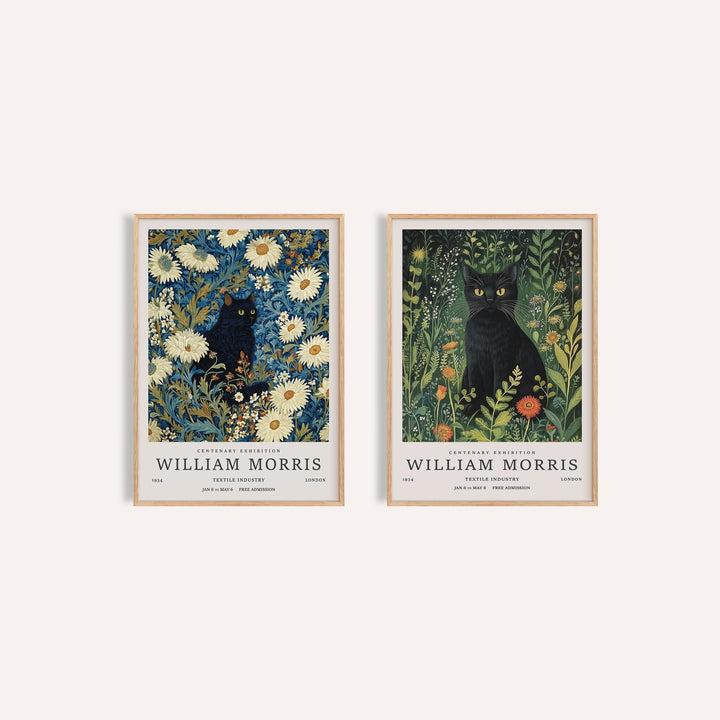 Vintage Black Cat Prints Set of 2: Night Garden and Garden Watch side by side, two separate unframed prints