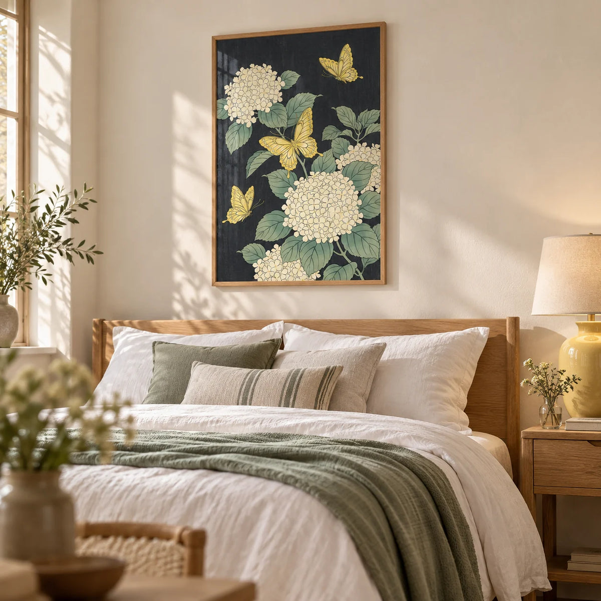 Vintage Butterfly Poster, framed on the wall of a calm bedroom with a soft cream wall