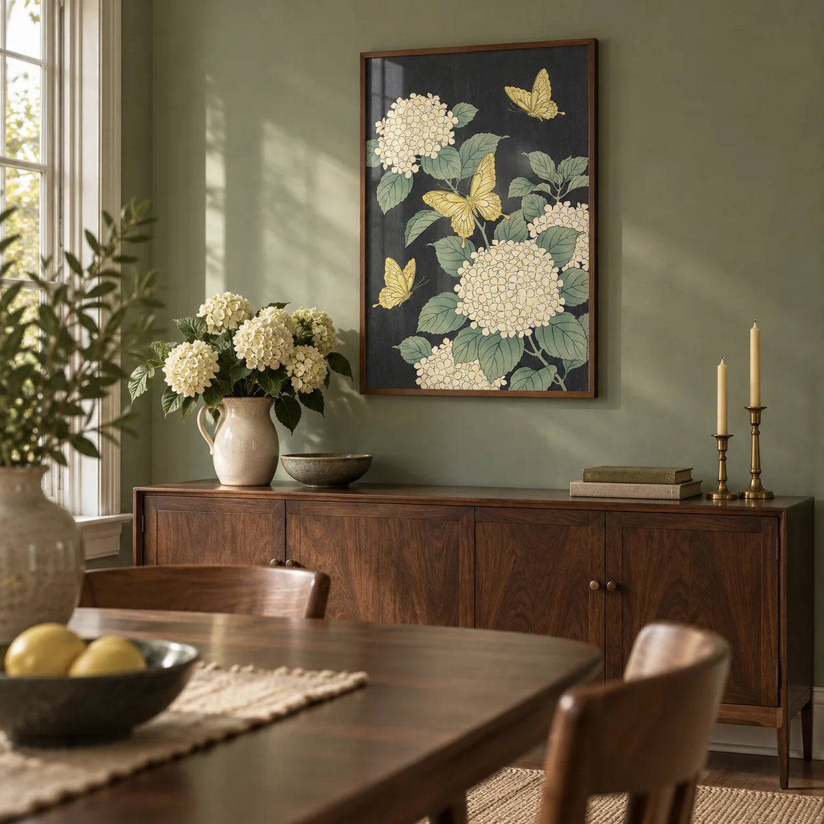 Vintage Butterfly Poster, framed on the wall of a classic dining room with a sage green wall