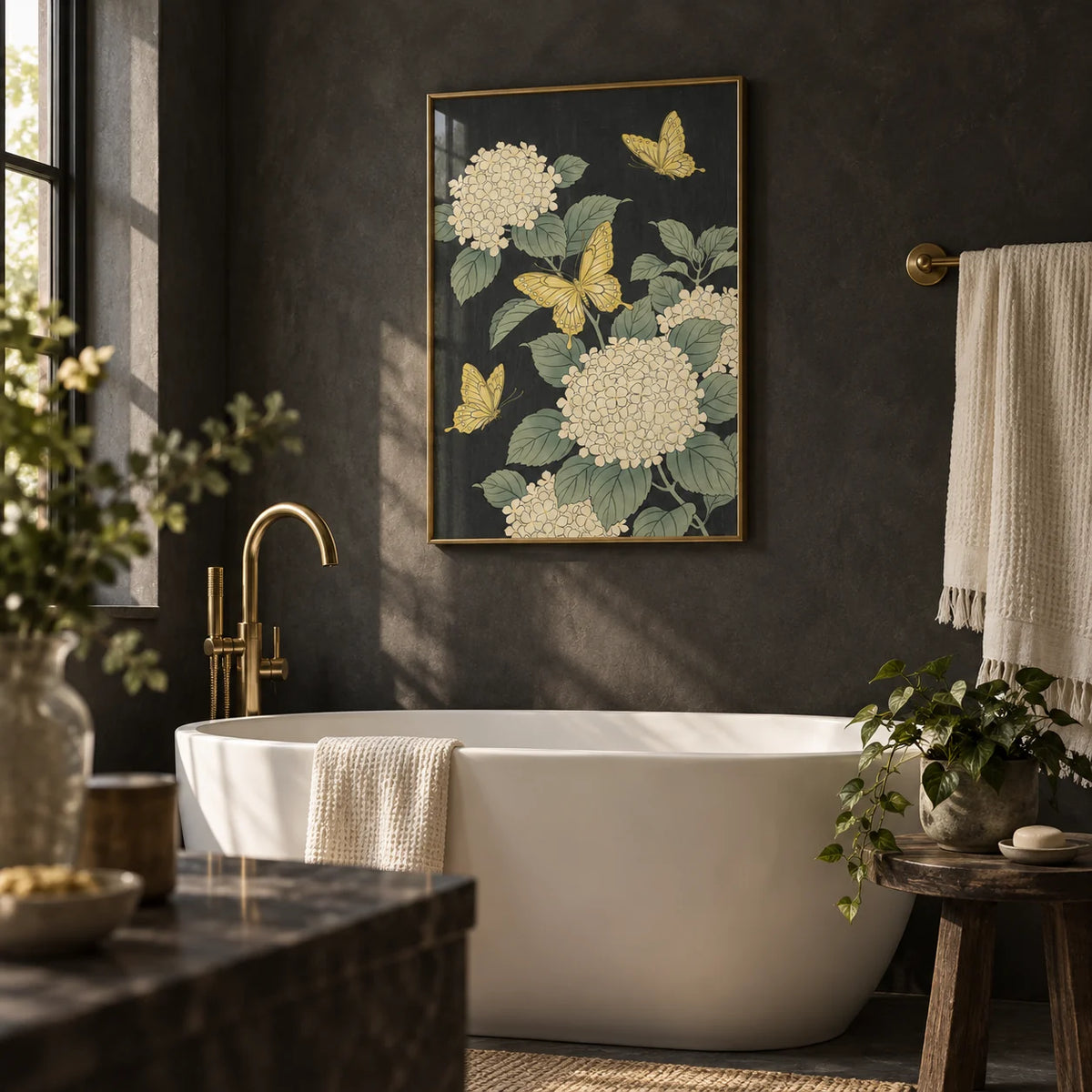 Vintage Butterfly Poster, framed on the wall of a dark elegant bathroom with charcoal plaster walls
